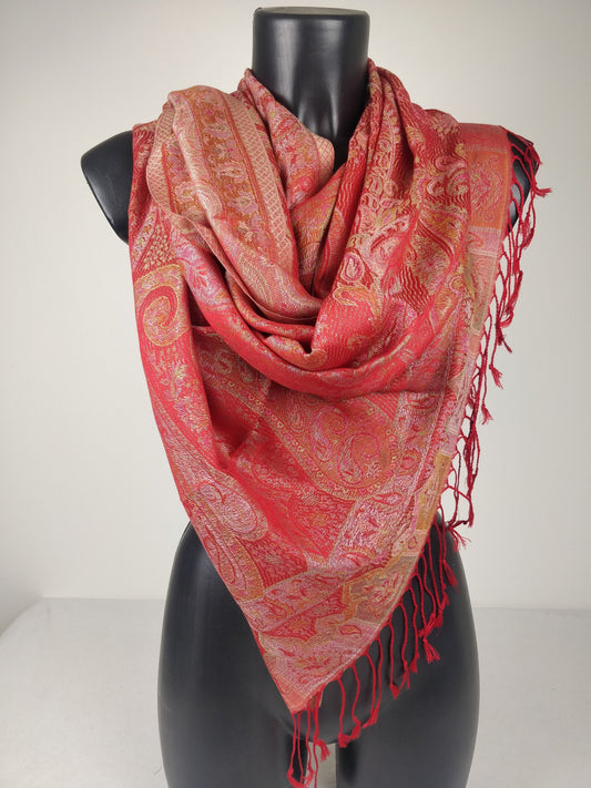 Wende-Mangal-Pashmina aus Modal/Seide. Rotes und grünes Paisley-Muster.