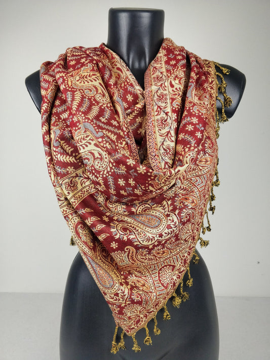 Wendbarer Asoha-Pashmina aus Viskose. Rotes und weißes Paisley-Muster