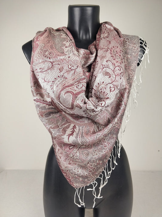 Pashmina Mangal réversible en modal / soie. Echarpe motif paisley rose et blanc.