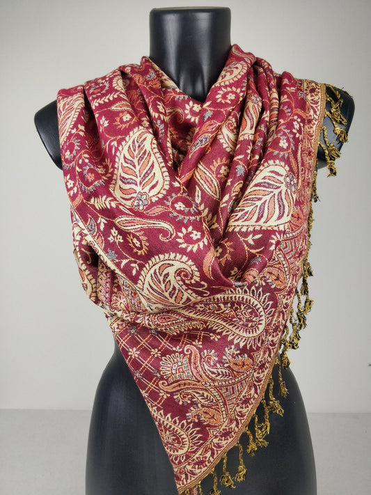 Wendbarer Asoha-Pashmina aus Viskose. Fuchsia und weißes Paisleymuster