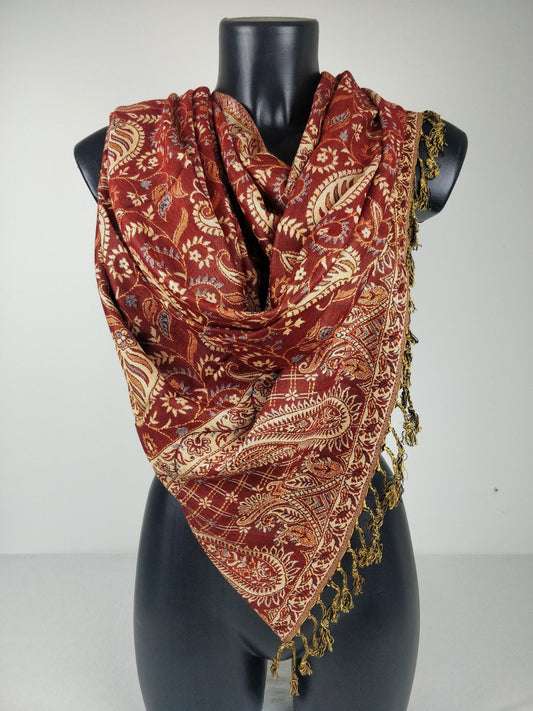 Wendbarer Asoha-Pashmina aus Viskose. Rotes Paisley-Muster.