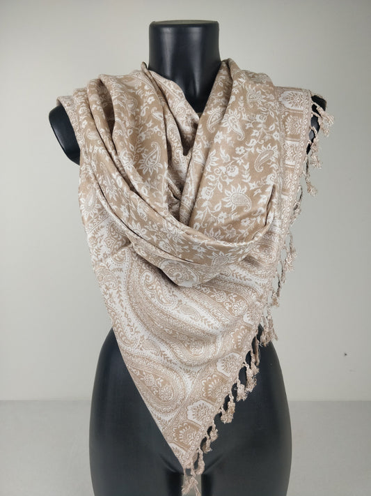 Pashmina réversible Sankya en viscose. Echarpe motif paisley marron et blanc.