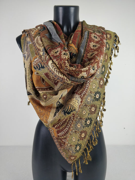 Pashmina vintage Hantra en viscose. Echarpe réversible aux motifs feuilles, fleurs marron.