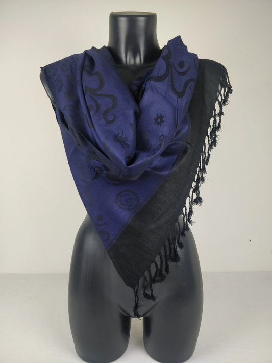 Pashmina Kharma réversible en viscose. Echarpe motifs ohm bleu.