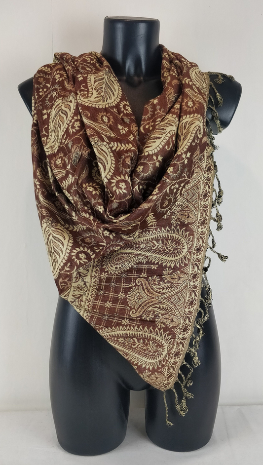 Pashmina Asoha réversible en viscose. Echarpe aux motifs paisley marron.