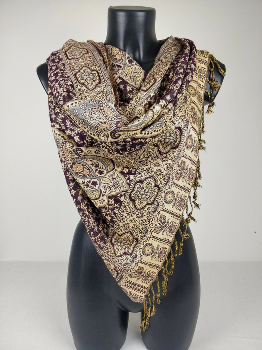 Daksha Wende-Pashmina aus Viskose. Blaues und cremefarbenes Paisley-Muster.