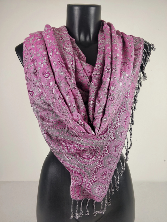 Pashmina Kheril réversible en viscose. Echarpe motifs paisley rose.