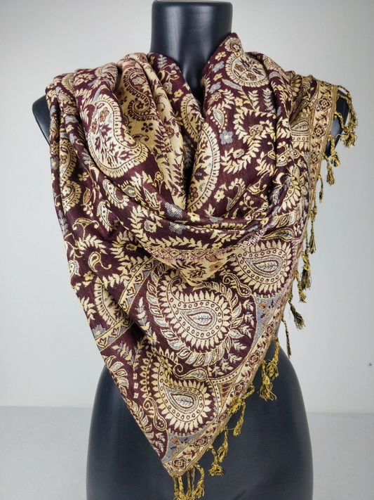 Pashmina Asoha réversible en viscose. Echarpe aux motifs paisley marron.