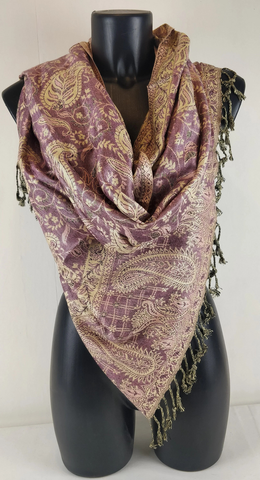 Pashmina Asoha réversible en viscose. Echarpe aux motifs paisley mauve.