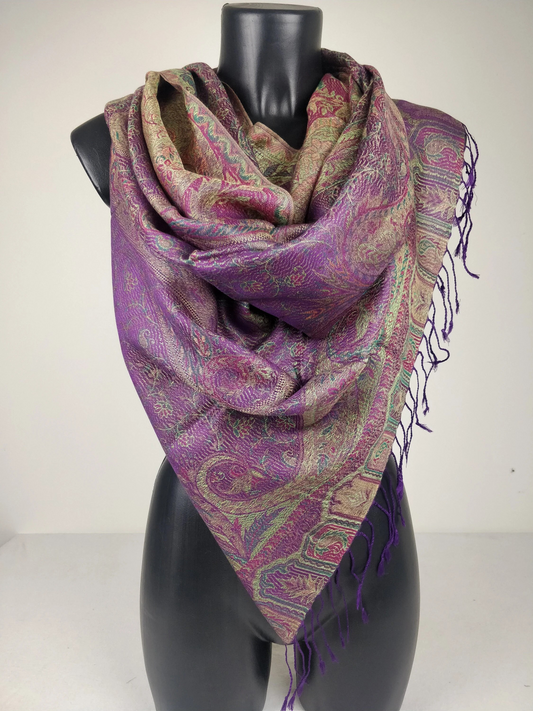 Pashmina Mangal réversible en modal / soie. Echarpe aux motifs paisley violet.