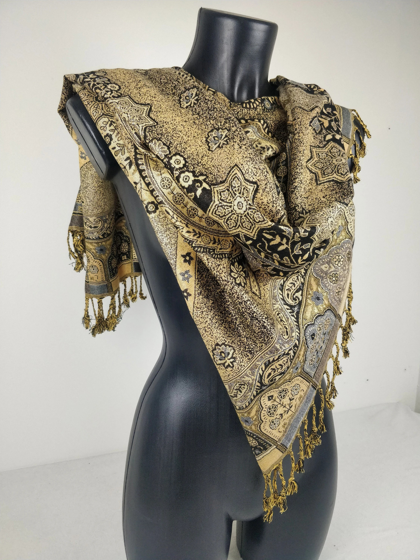 Vintage Hantra Pashmina aus Viskose. Wendeschal mit Blatt- und braunen Blumenmustern.